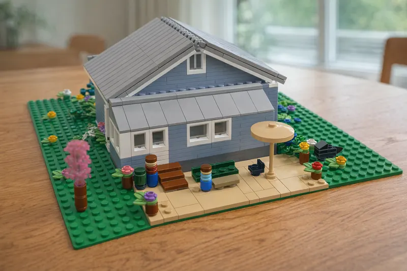 Rendered model of the back of the house with the patio and umbrella